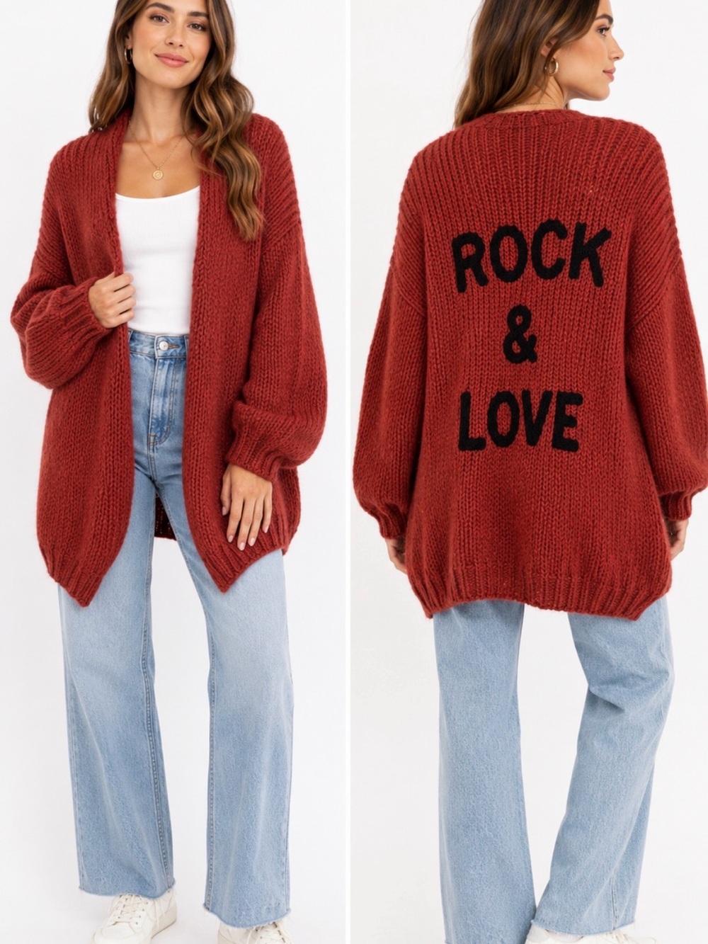 NWT Fashion Rust Chunky Knit Rock & Love Open Front Cardigan Size S
